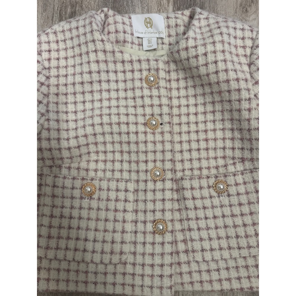 House of Harlow 1960 Womens Cropped Tweed Jacket Pink Cream Pearl Button Small - Picture 5 of 8
